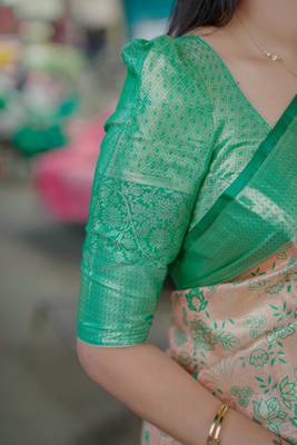 light pink -green color kanjivaram silk blend flower zari weaving sarees 2
