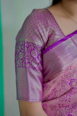 light pink -purple color kanjivaram silk blend flower zari weaving sarees 4