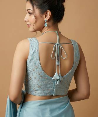 Light blue embroidered v neck designer saree blouse 3