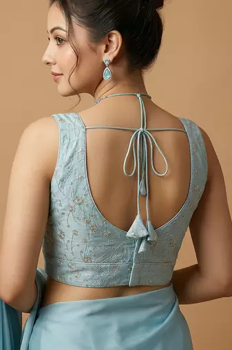Light blue embroidered v neck designer saree blouse