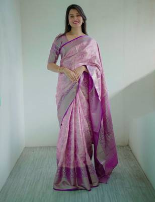 light pink -purple color kanjivaram silk blend flower zari weaving sarees 5