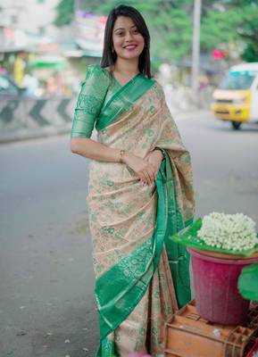 light pink -green color kanjivaram silk blend flower zari weaving sarees 4