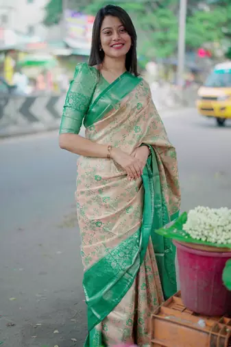 light pink -green color kanjivaram silk blend flower zari weaving sarees