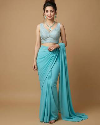 Light blue embroidered v neck designer saree blouse 4