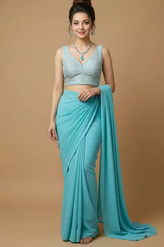 Light blue embroidered v neck designer saree blouse