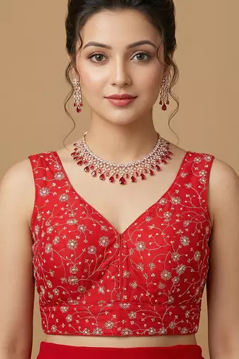 Light red embroidered v neck designer saree blouse