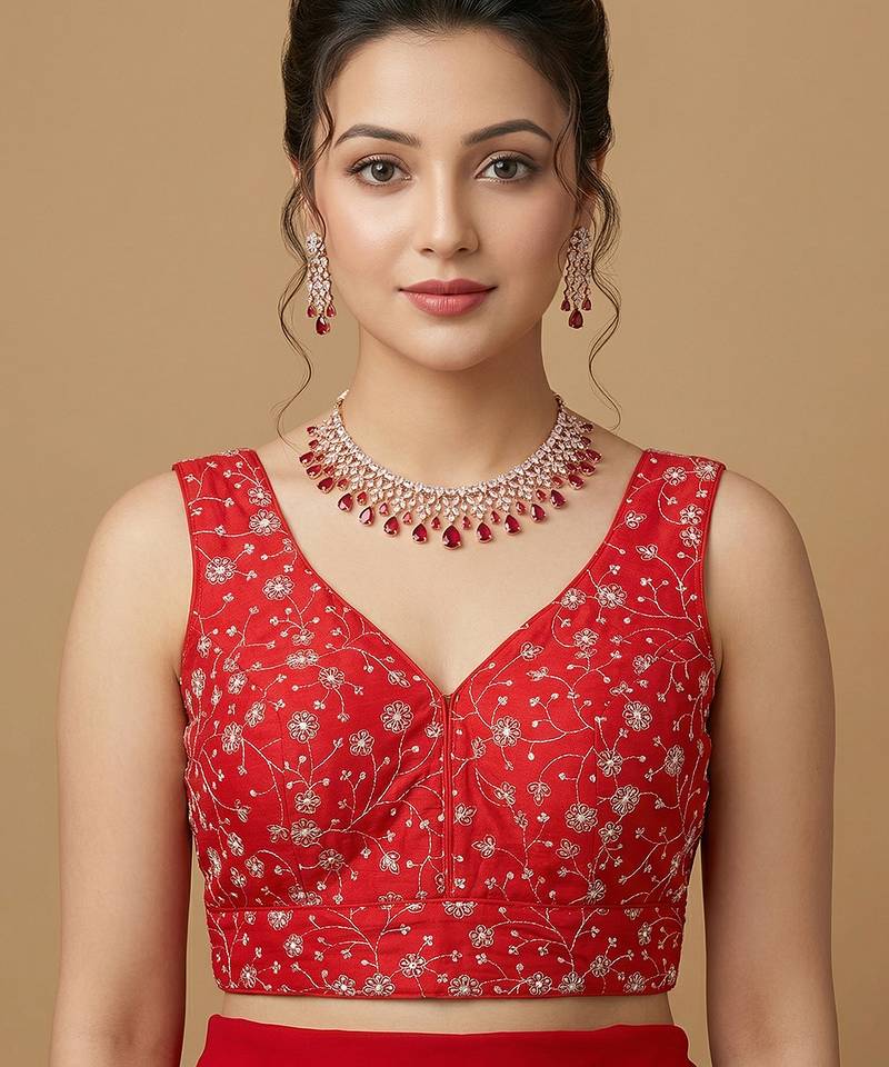 Light red embroidered v neck designer saree blouse