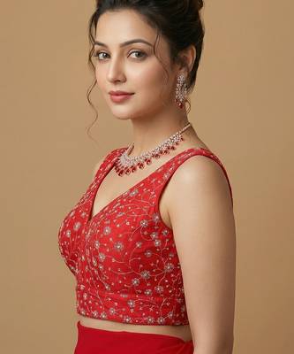 Light red embroidered v neck designer saree blouse 2