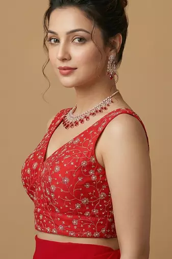 Light red embroidered v neck designer saree blouse