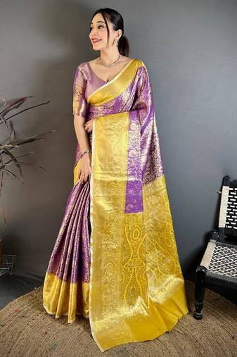 purple blue color kanchipuram silk blend zari woven sarees