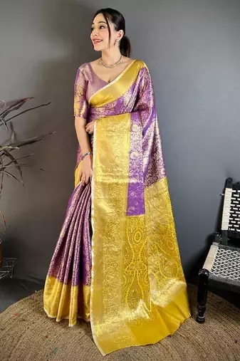 purple blue color kanchipuram silk blend zari woven sarees