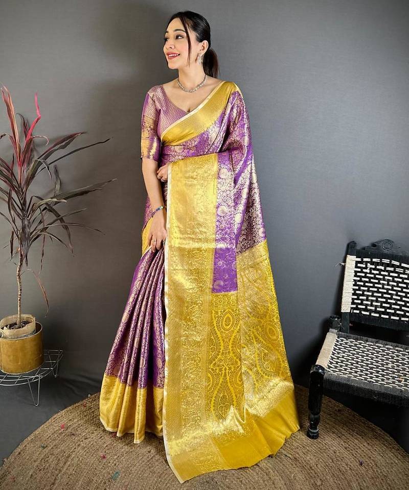purple blue color kanchipuram silk blend zari woven sarees