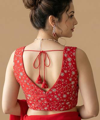Light red embroidered v neck designer saree blouse 3