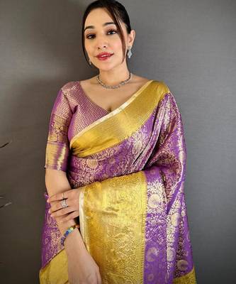 purple blue color kanchipuram silk blend zari woven sarees 3