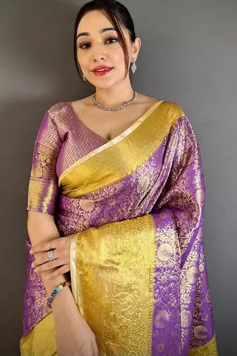 purple blue color kanchipuram silk blend zari woven sarees