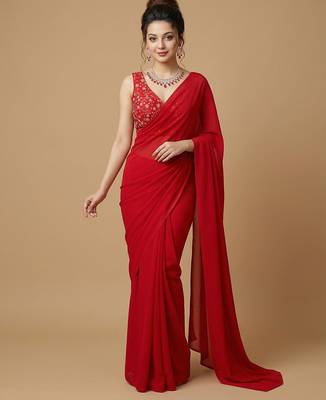 Light red embroidered v neck designer saree blouse 4