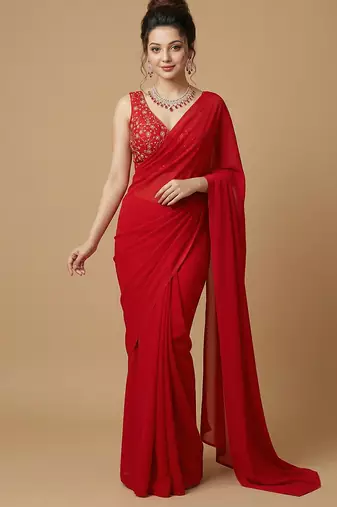 Light red embroidered v neck designer saree blouse