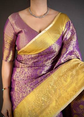 purple blue color kanchipuram silk blend zari woven sarees 4