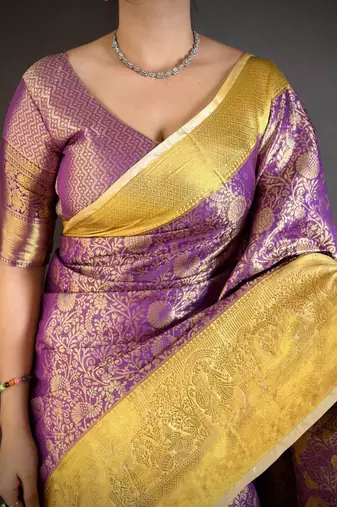 purple blue color kanchipuram silk blend zari woven sarees