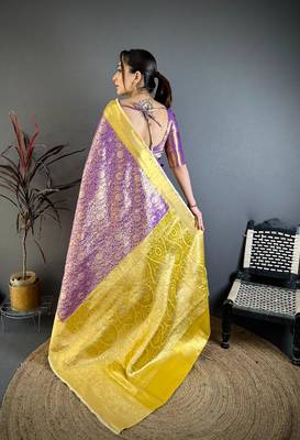 purple blue color kanchipuram silk blend zari woven sarees 5