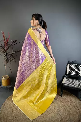 purple blue color kanchipuram silk blend zari woven sarees