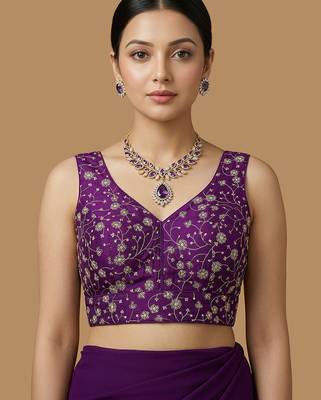 Purple embroidered v neck designer saree blouse 1