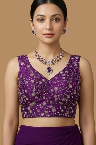 Purple embroidered v neck designer saree blouse