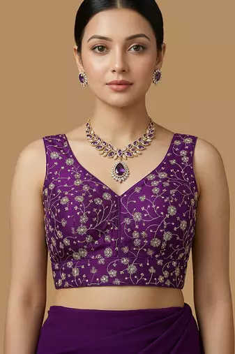 Purple embroidered v neck designer saree blouse