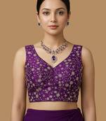 Purple embroidered v neck designer saree blouse