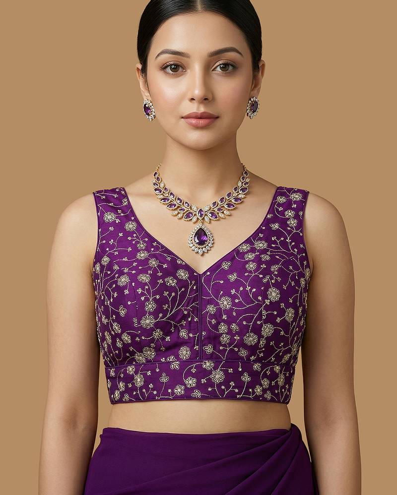 Purple embroidered v neck designer saree blouse