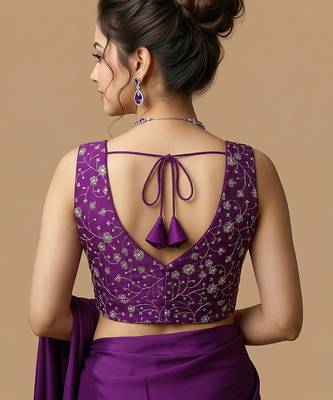 Purple embroidered v neck designer saree blouse 2