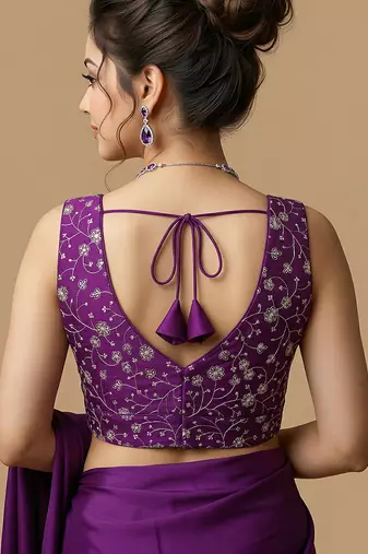 Purple embroidered v neck designer saree blouse
