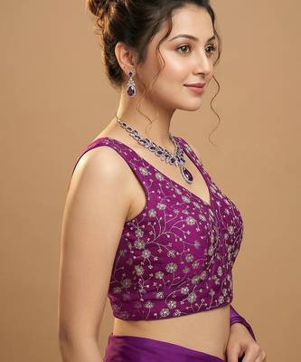 Purple embroidered v neck designer saree blouse 3