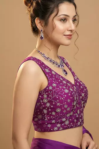 Purple embroidered v neck designer saree blouse