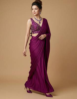 Purple embroidered v neck designer saree blouse 4