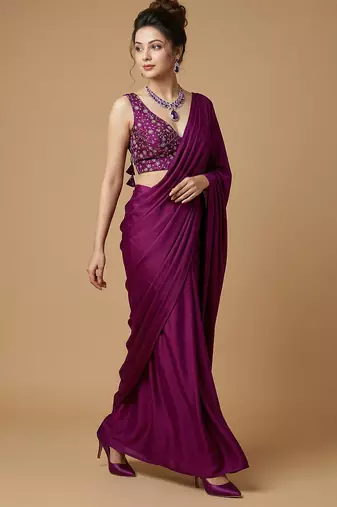 Purple embroidered v neck designer saree blouse