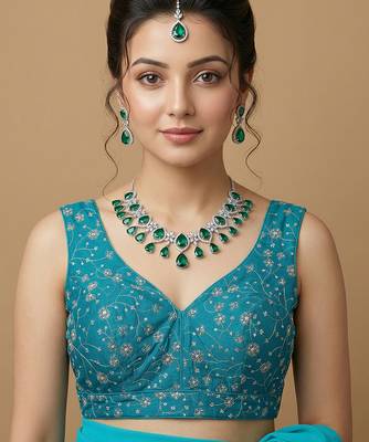 Rama green embroidered v neck designer saree blouse 1