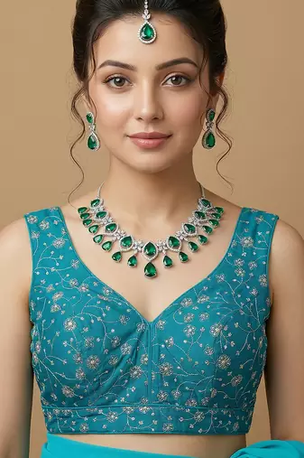 Rama green embroidered v neck designer saree blouse