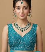Rama green embroidered v neck designer saree blouse