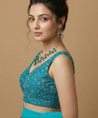 Rama green embroidered v neck designer saree blouse 2