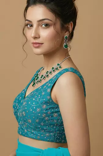 Rama green embroidered v neck designer saree blouse