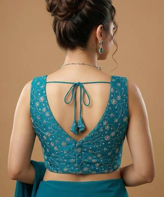 Rama green embroidered v neck designer saree blouse 3