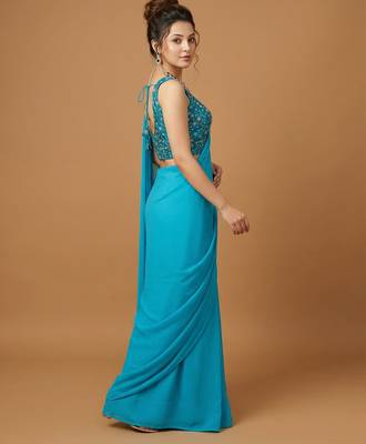 Rama green embroidered v neck designer saree blouse 4