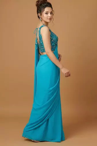 Rama green embroidered v neck designer saree blouse