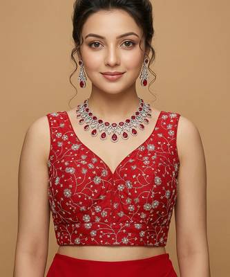 Red embroidered v neck designer saree blouse 1
