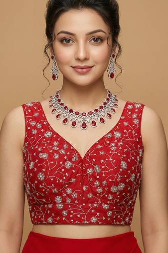 Red embroidered v neck designer saree blouse