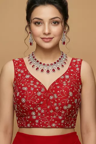 Red embroidered v neck designer saree blouse