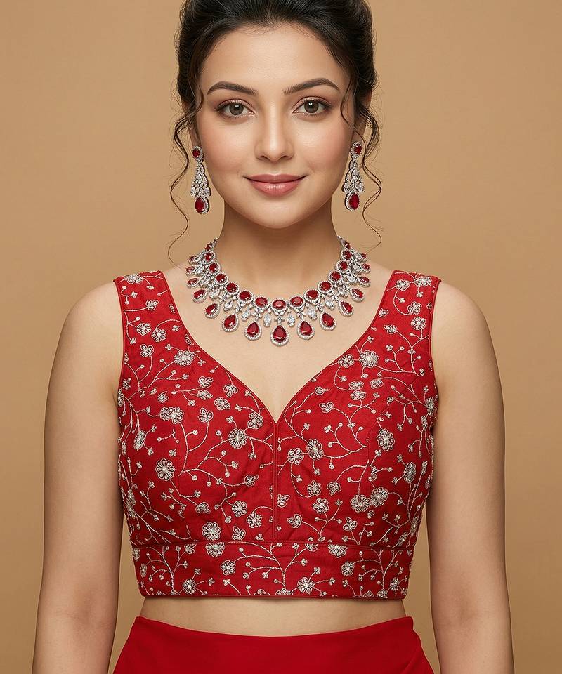 Red embroidered v neck designer saree blouse
