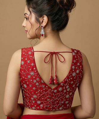 Red embroidered v neck designer saree blouse 2