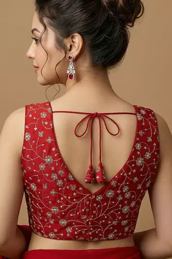 Red embroidered v neck designer saree blouse